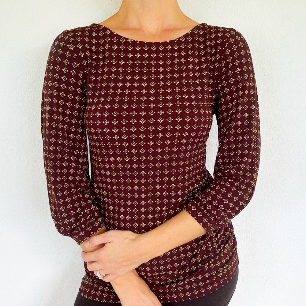 Ann Taylor maroon gold floral print 3/4 sleeve stretch blouse size small